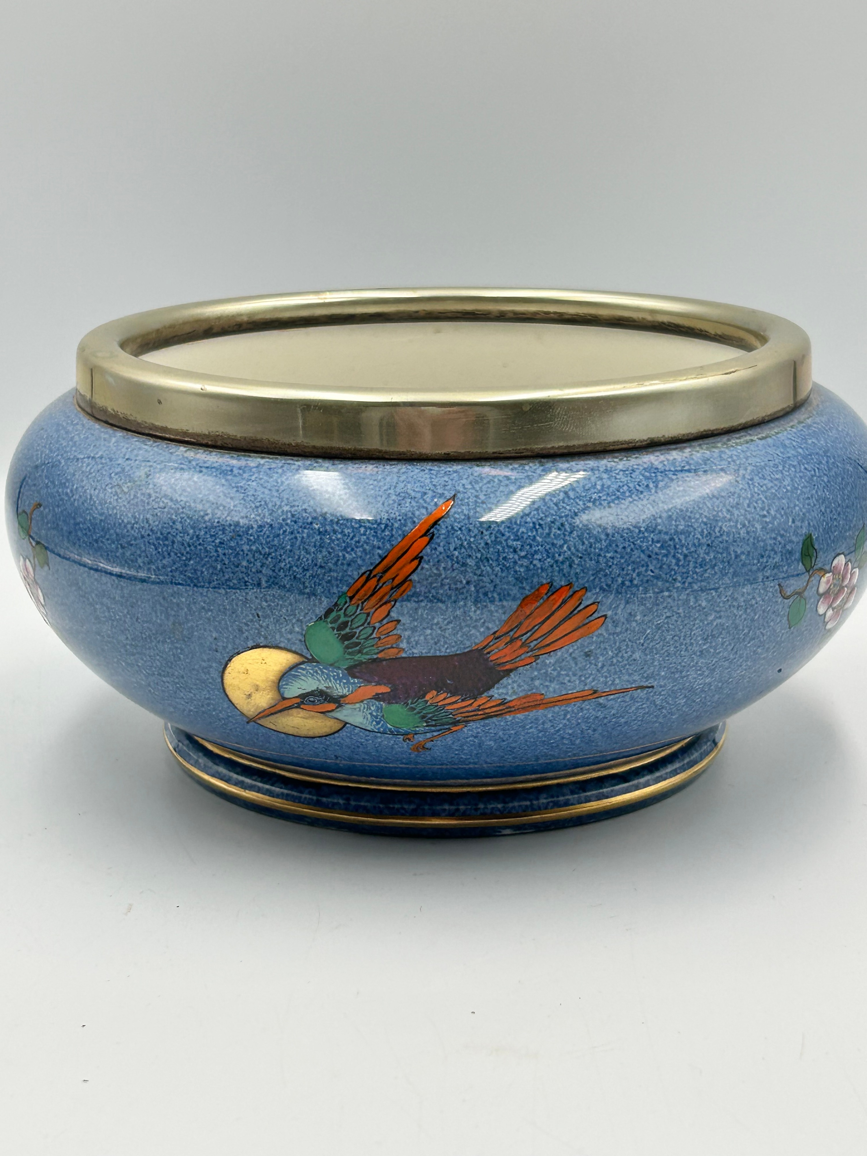 George Jones & Sons? Japonisme Style Ceramic Bowl with White Metal? Mounts, 7"