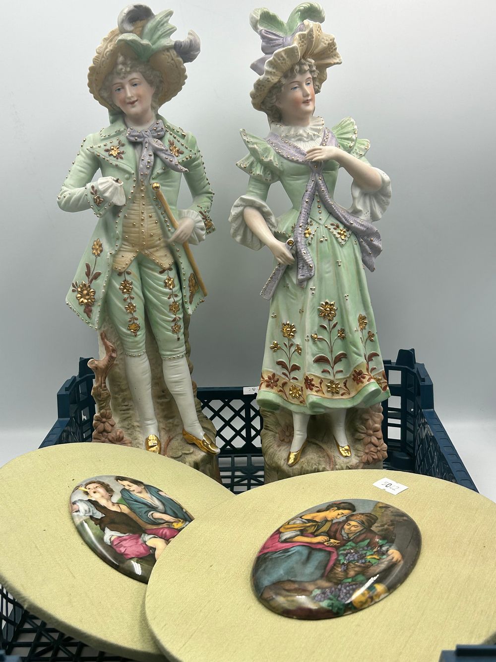 Lot 472: A Collection of Late 19th Century? Bisque Porcelain Figurines and Framed Plaques, 16.5"
