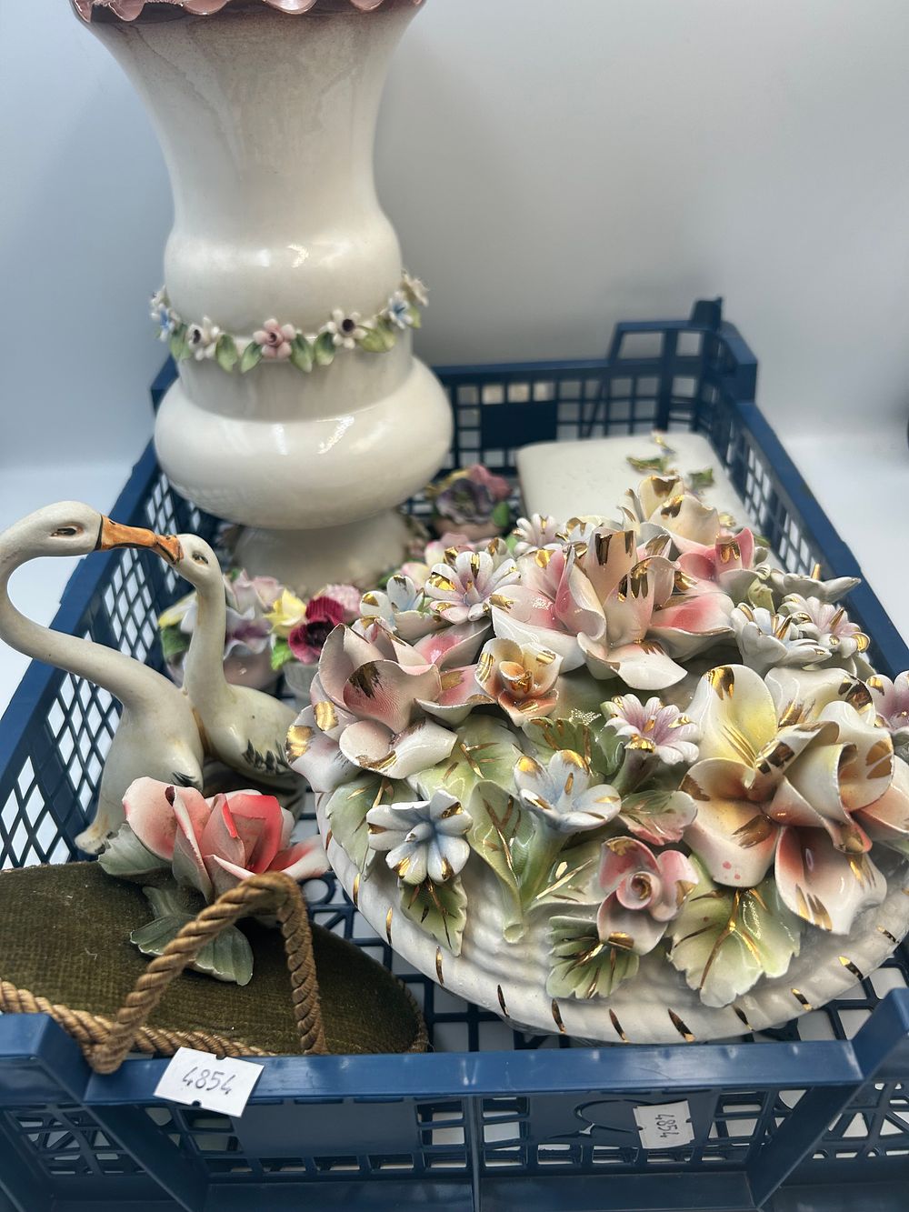 Lot 485: Italian? Glazed Porcelain Floral Centerpiece and Associated Decorative Items