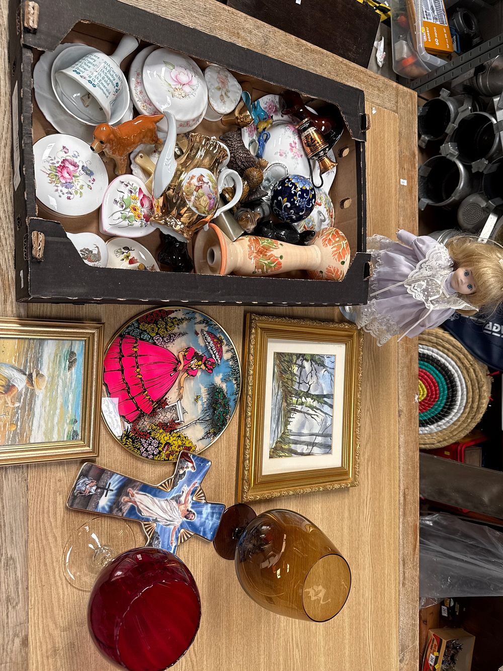 Lot 511: An Assortment of Ceramics, Glassware, Framed Art, and a Porcelain Doll