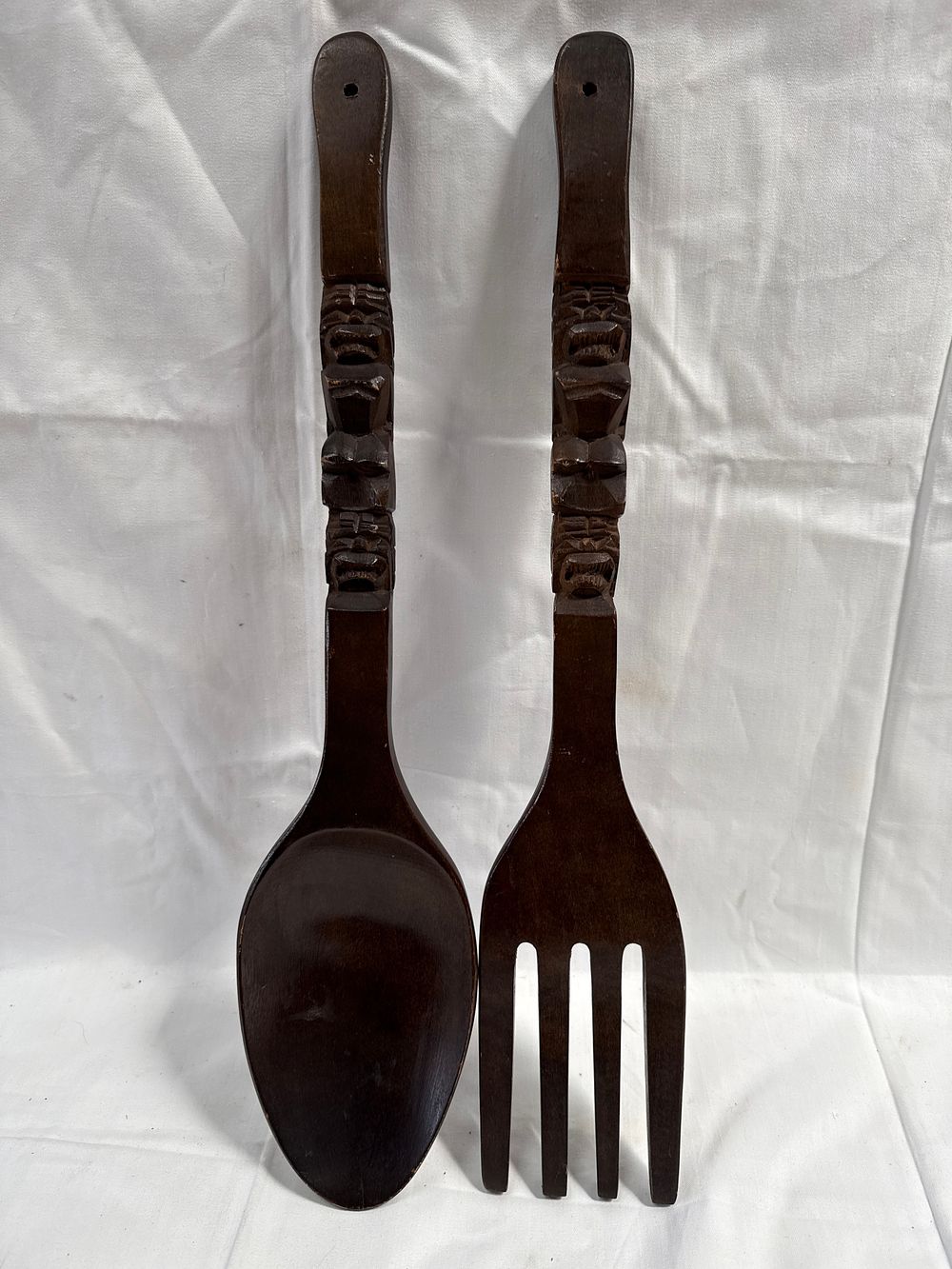 Lot 537: Mid-Century Carved Hardwood Wall-Hanging Fork and Spoon Set
