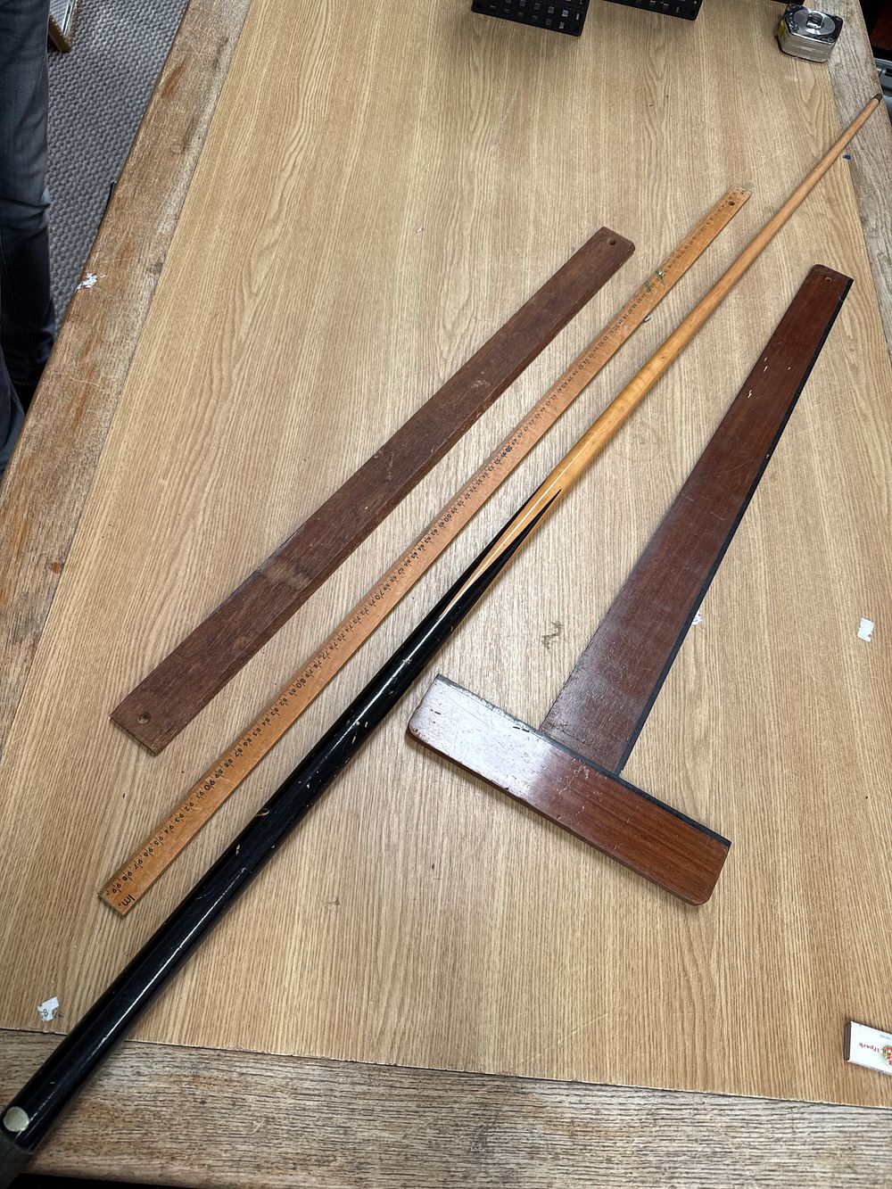 Lot 539: An Assortment of Vintage? Mahogany? Drafting Tools? and a Snooker Cue?