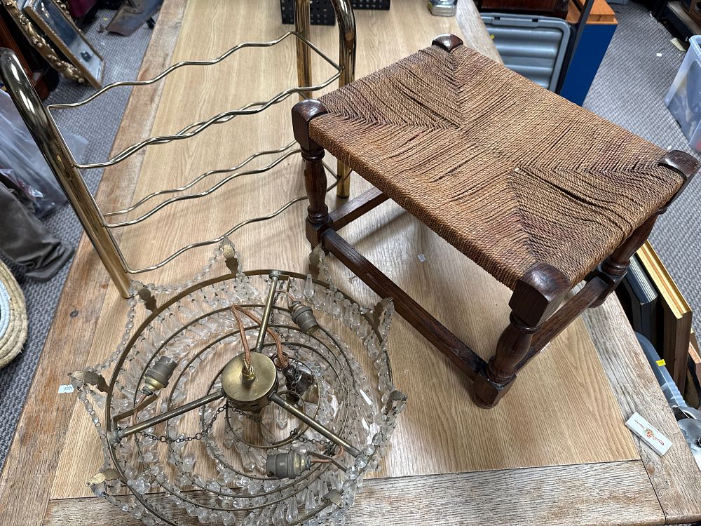 Lot 541: A Late 20th Century? Gilt-Metal Effect Wine Rack, Wooden Stool and Glass? Basket Chandelier
