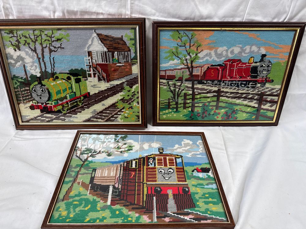 Lot 552: Late 20th Century Yarn Needlepoint Pictures Depicting The Railway Series Characters, 18 x 14"