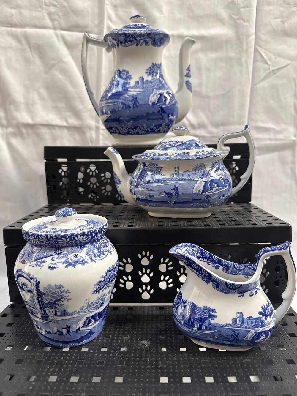 Lot 566: Spode Blue Italian Pattern Four-Piece Ceramic Tea and Coffee Service