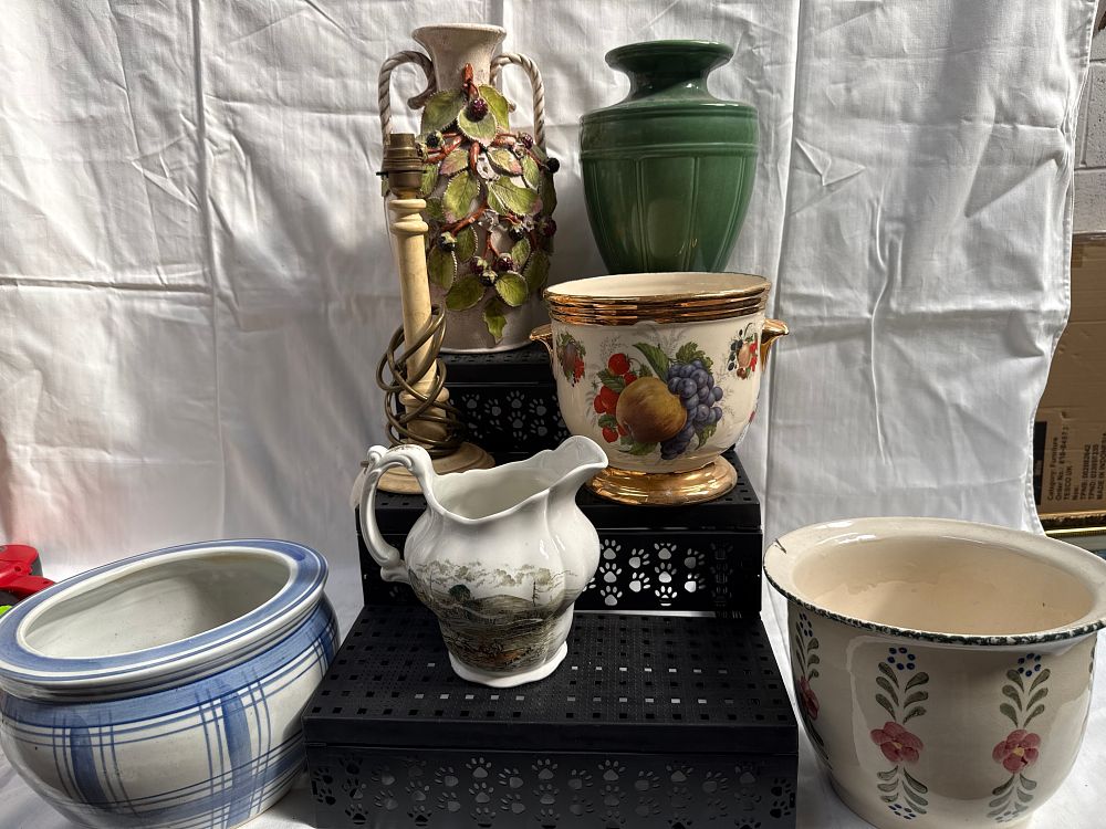 Lot 578: A Collection of Decorative Earthenware Vases, Pedestal Bowls, and a Lamp Base, Late 20th Century?