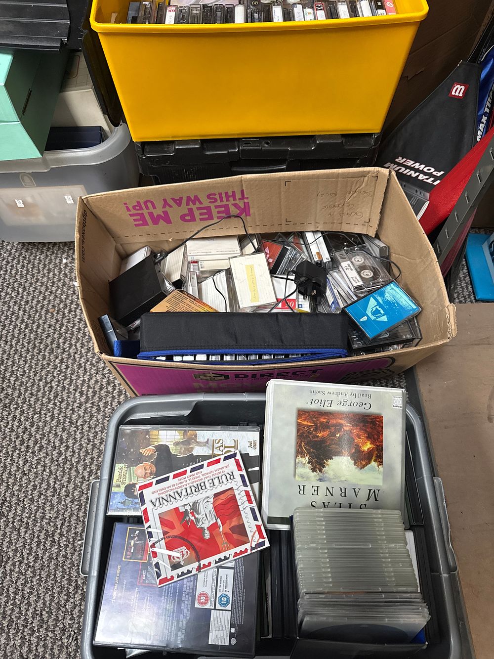 Lot 580: A Collection of Five Boxes of Maxell and TDK Cassette Tapes, CDs, and DVDs