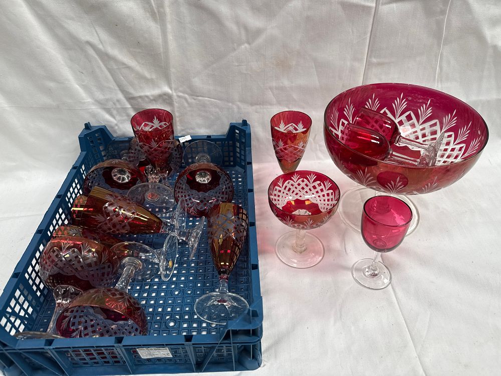 Lot 586: A Bohemian? Cranberry Cased and Cut-to-Clear Crystal? Glassware Suite
