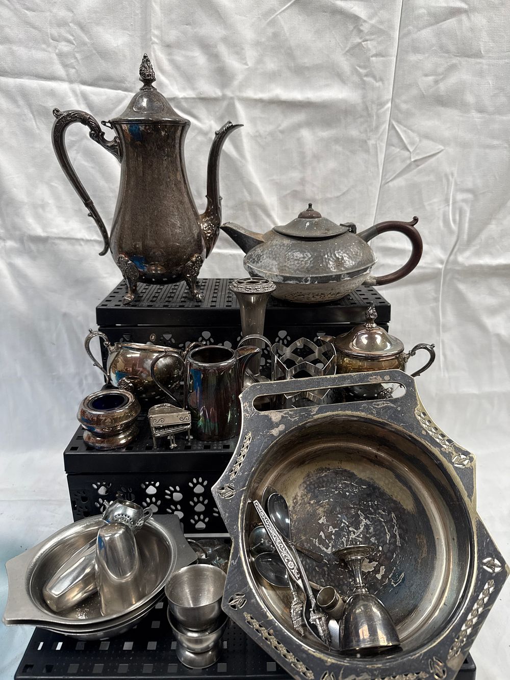 Lot 597: A Collection of White Metal Tableware including Hammered Teapot and Victorian Style Coffee Pot