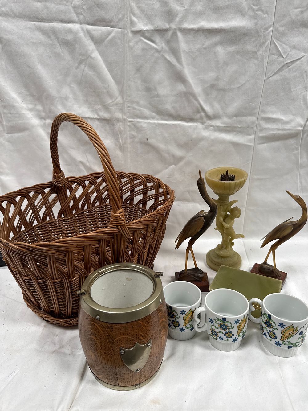 Lot 604: A Collection of Decorative Items including Horn? Birds, Wicker Basket, and Ceramics