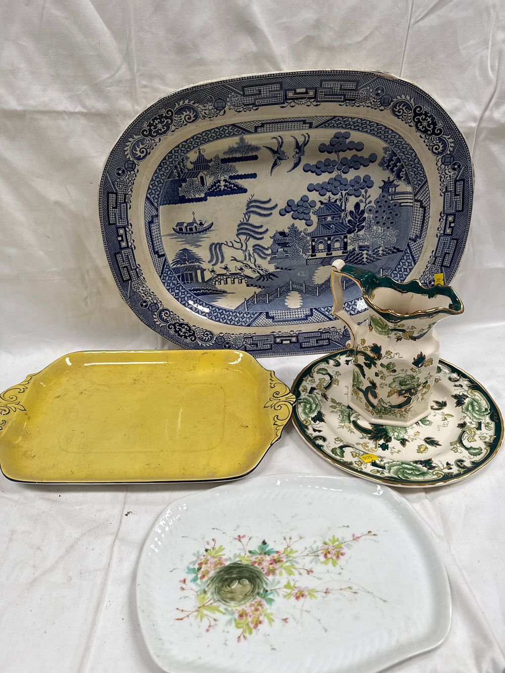 Lot 606: Mason’s Ironstone Chartreuse Pattern Jug and Saucer with Earthenware? Transfer-ware Serving Platters