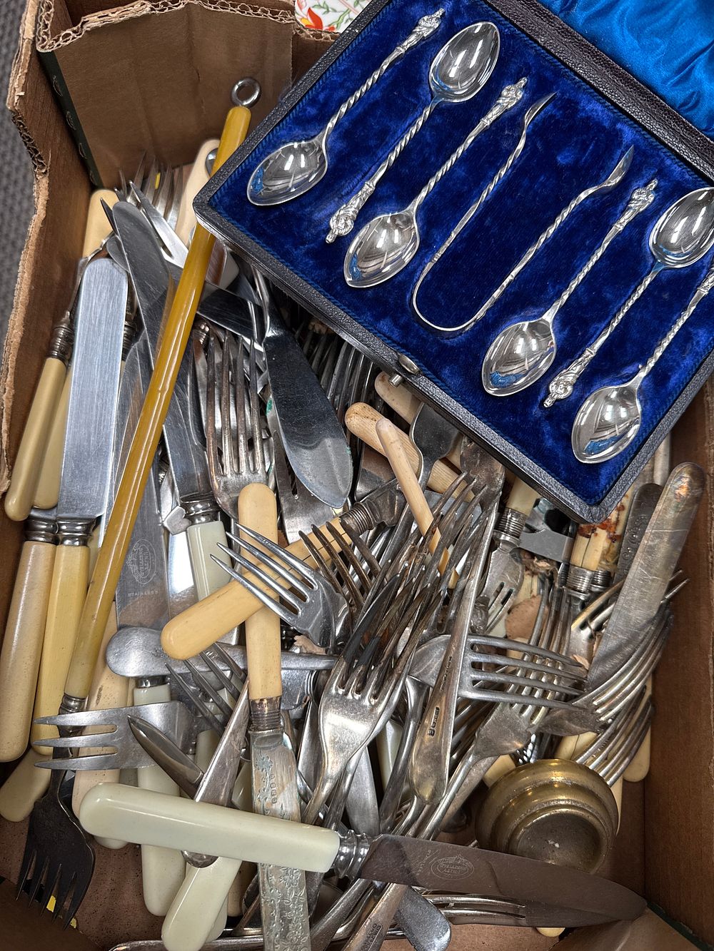 Lot 613: J.H. Potter White Metal Apostle Spoon Set and Mixed Flatware Collection