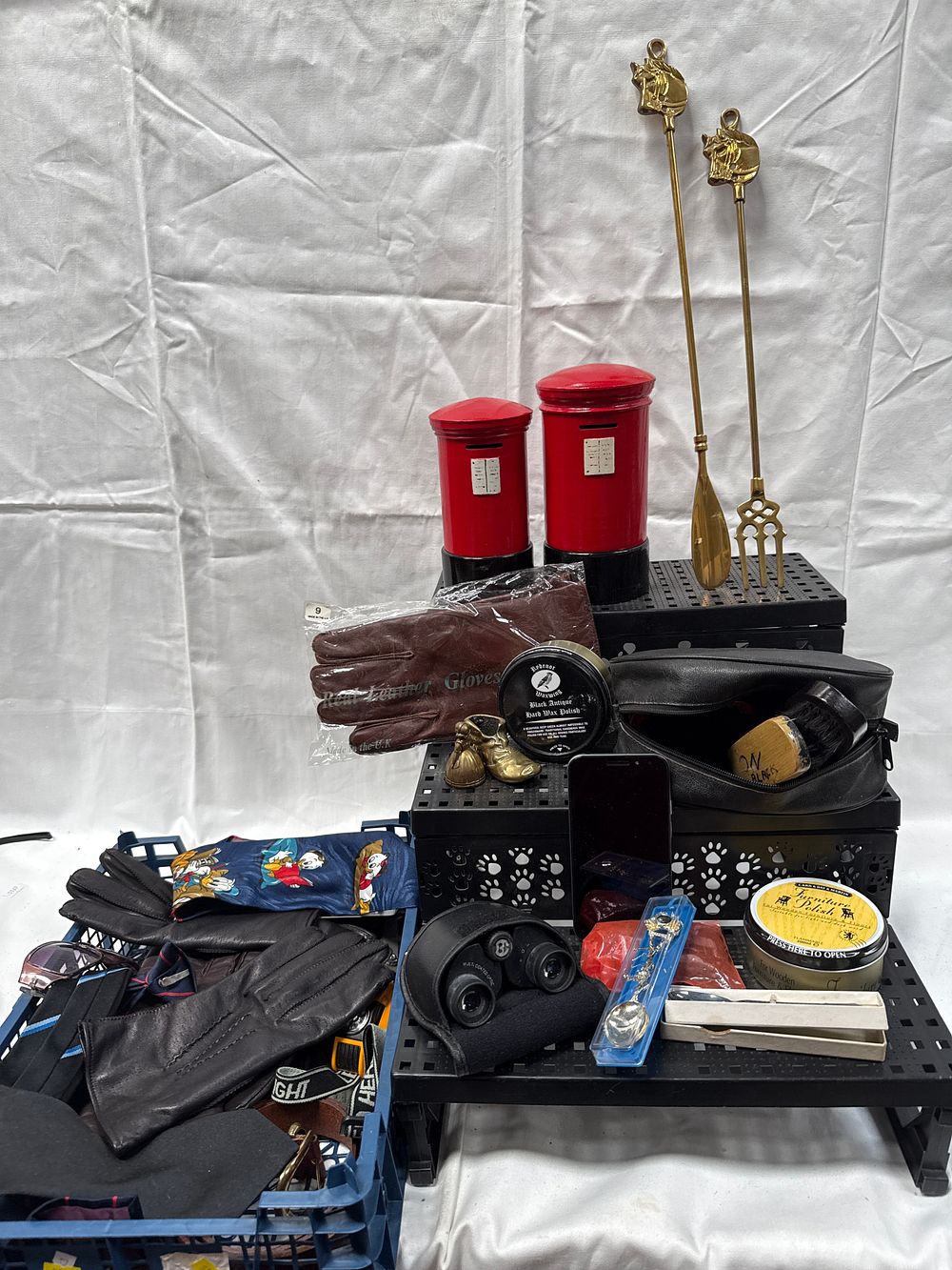Lot 618: British Style? Gilt-Metal Effect Fire Tools, Leather Gloves and Household Collectibles