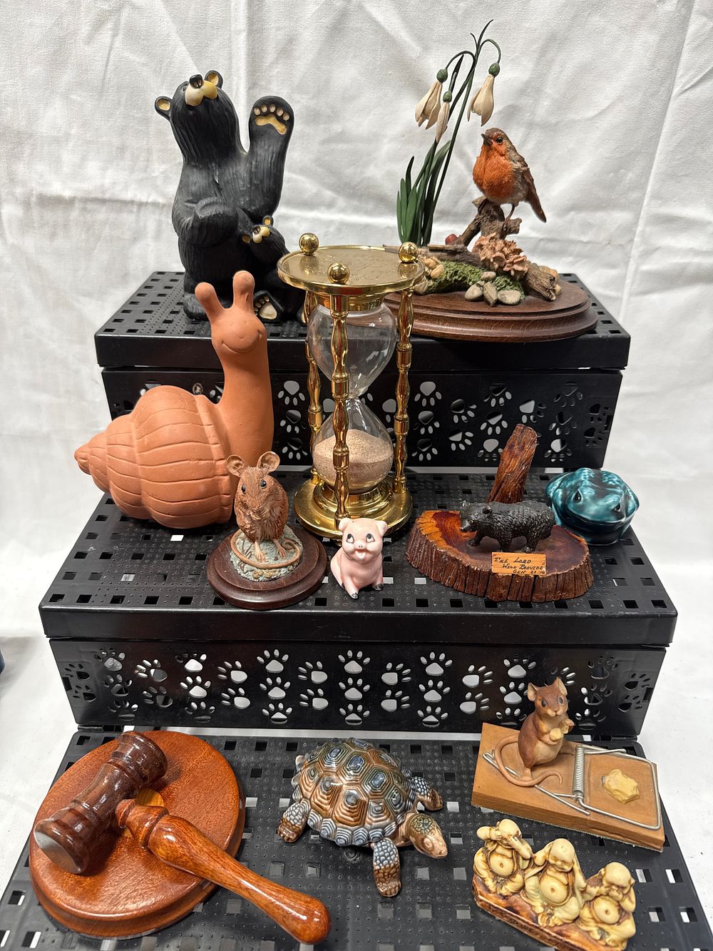 Lot 619: A Collection of Resin? and Ceramic Animal Figurines, Wooden Gavel and Hourglass