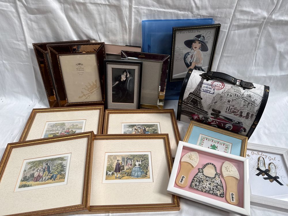 Lot 634: Victorian Style Gilt-Framed Baxter? Prints, Mirrored Glass Frames, and a Paris-Themed Trunk