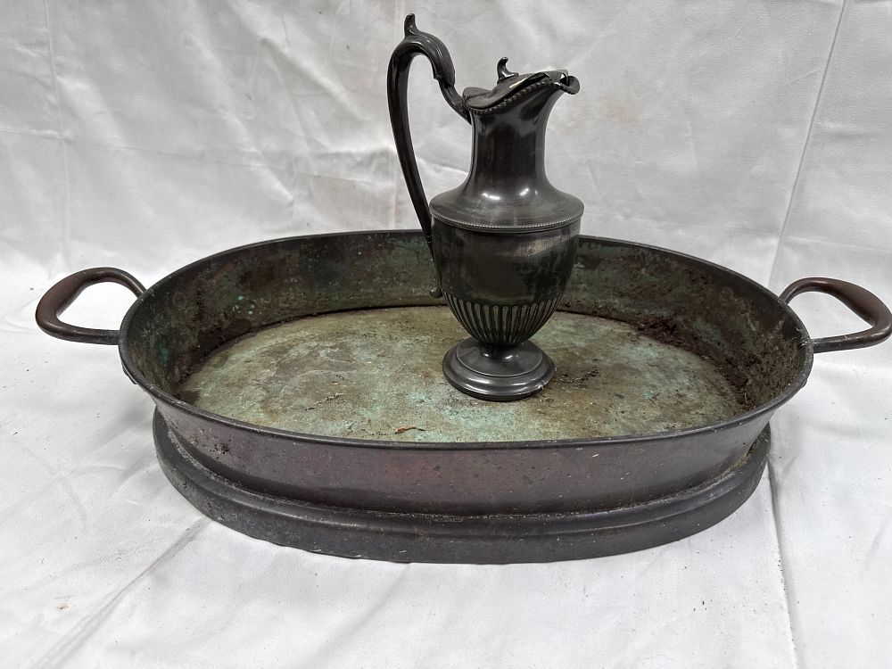 Lot 636: An 18th Century? Portuguese? White Metal? Ewer and Copper? Basin Set