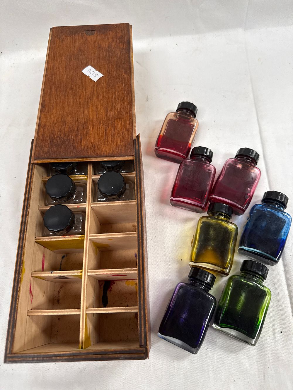 Lot 643: A Vintage? Glass and Wood Drawing Ink Set in a Sliding Lid Case