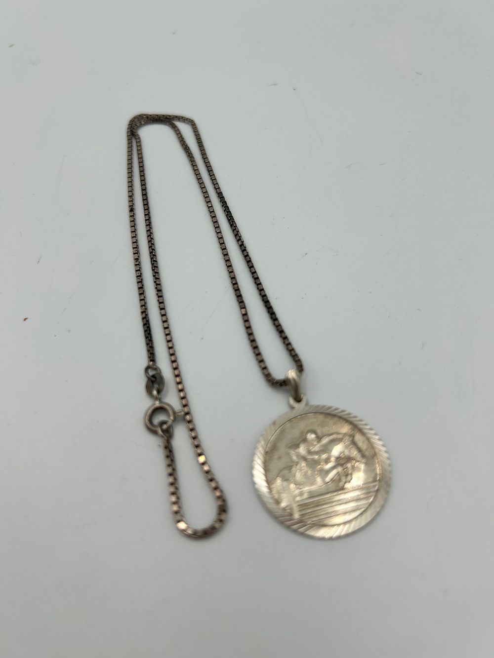 Lot 848: Late 20th Century? Silver Equestrian Pendant Necklace on Box-Link Chain