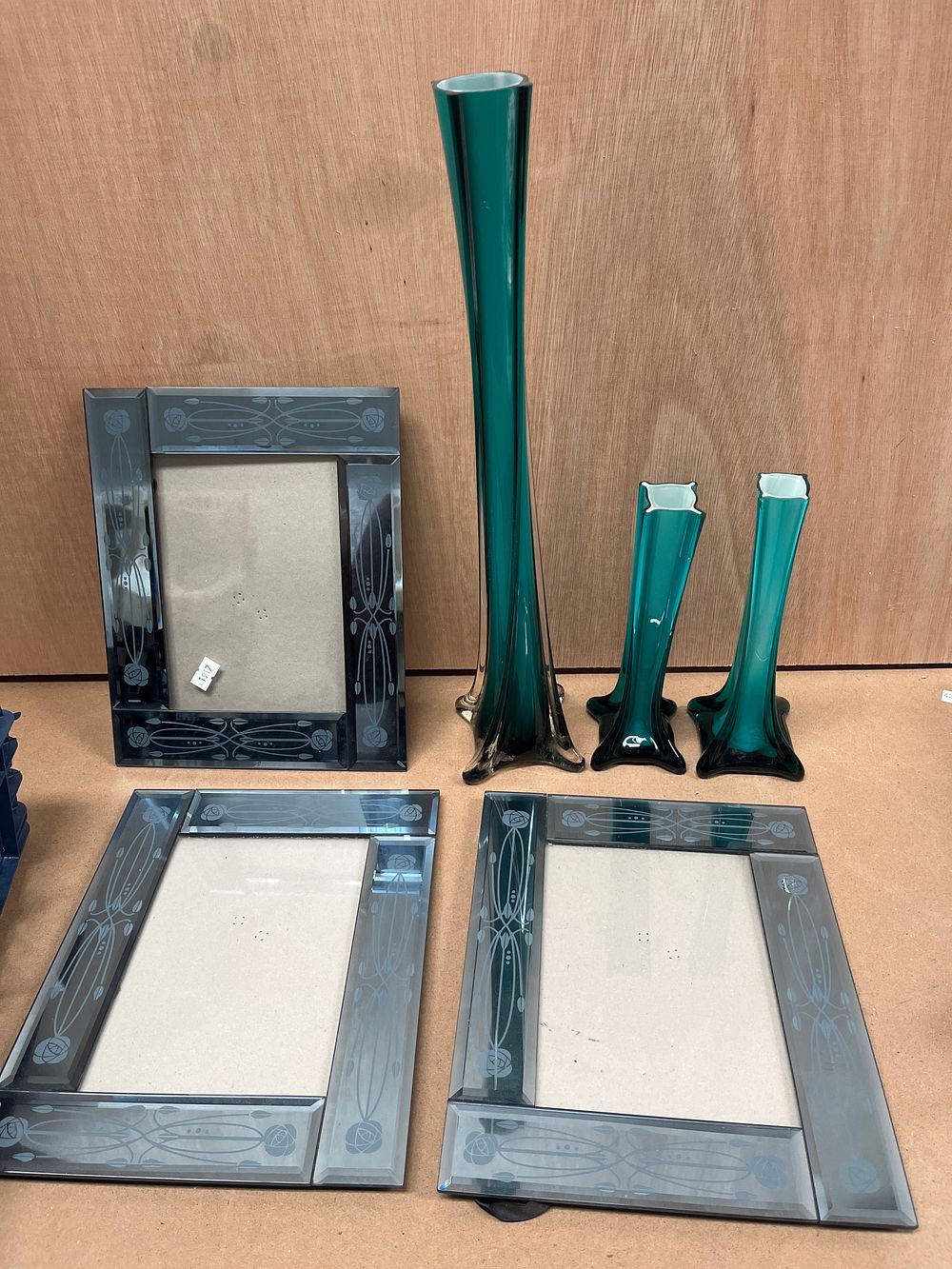 Lot 879: A Collection of Three Art Nouveau Style? Mirrored Frames and Three Green Art Glass Vases