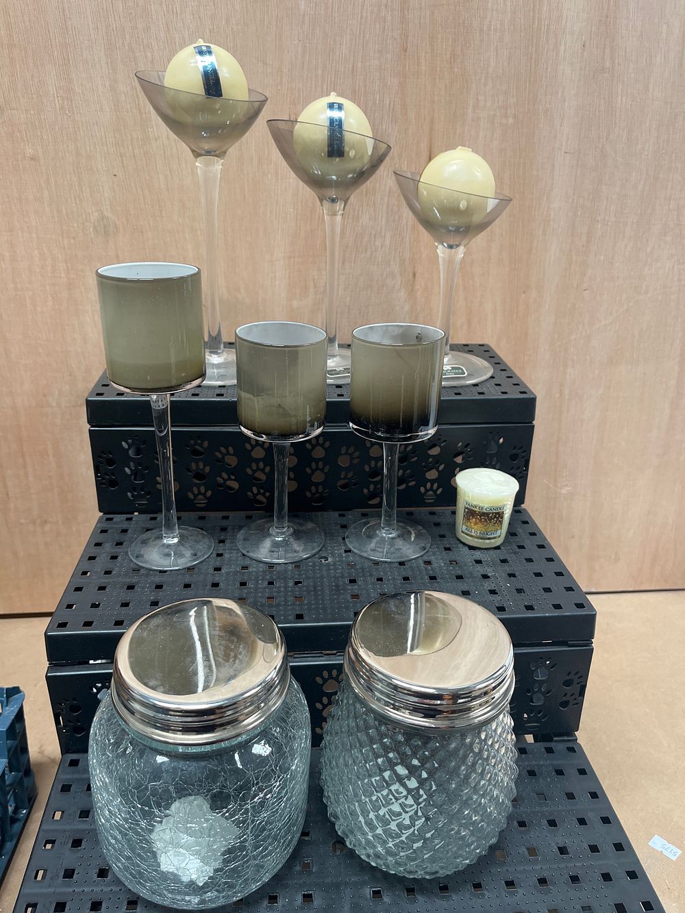 Lot 882: Newgrange Living Glass Candle Holders and Decorative Jars with Yankee Candle Votive