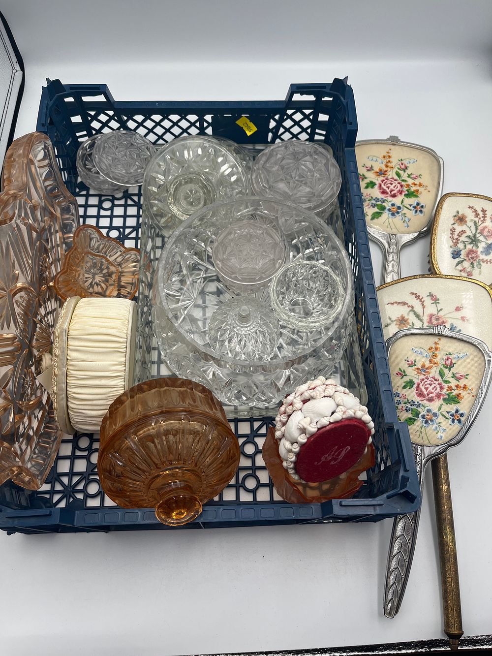 Lot 885: A Collection of Vintage Glassware and Petit Point Needlework Vanity Accessories?