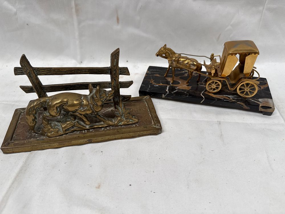 Lot 908: A Bronzed Fox and Gilt Metal Effect Horse and Carriage on Portoro Marble? Base