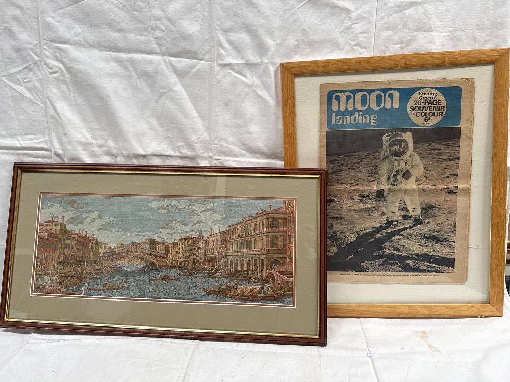 Lot 923: Evening Gazette 1969 Moon Landing Souvenir Supplement and a Framed Silk Embroidery