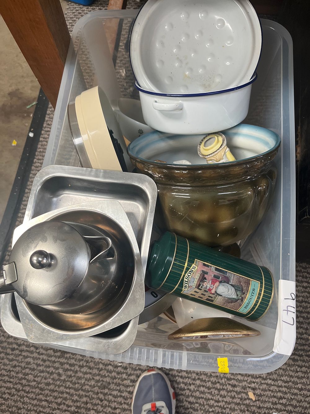 Lot 947: A Collection of Ceramic, Enamel and White Metal Kitchenalia Including a Wilson's? Biscuit Tin