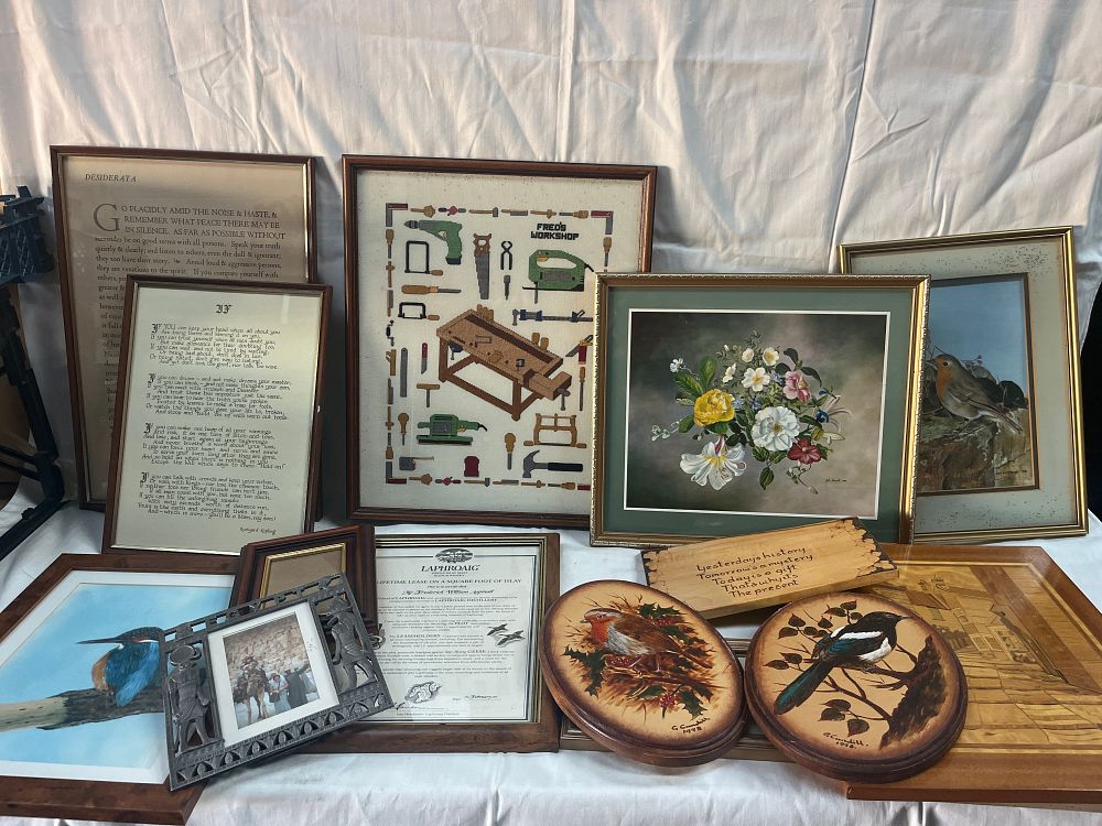 Lot 950: A Collection of Framed Art Prints, Needlework, and Decorative Wooden Plaques