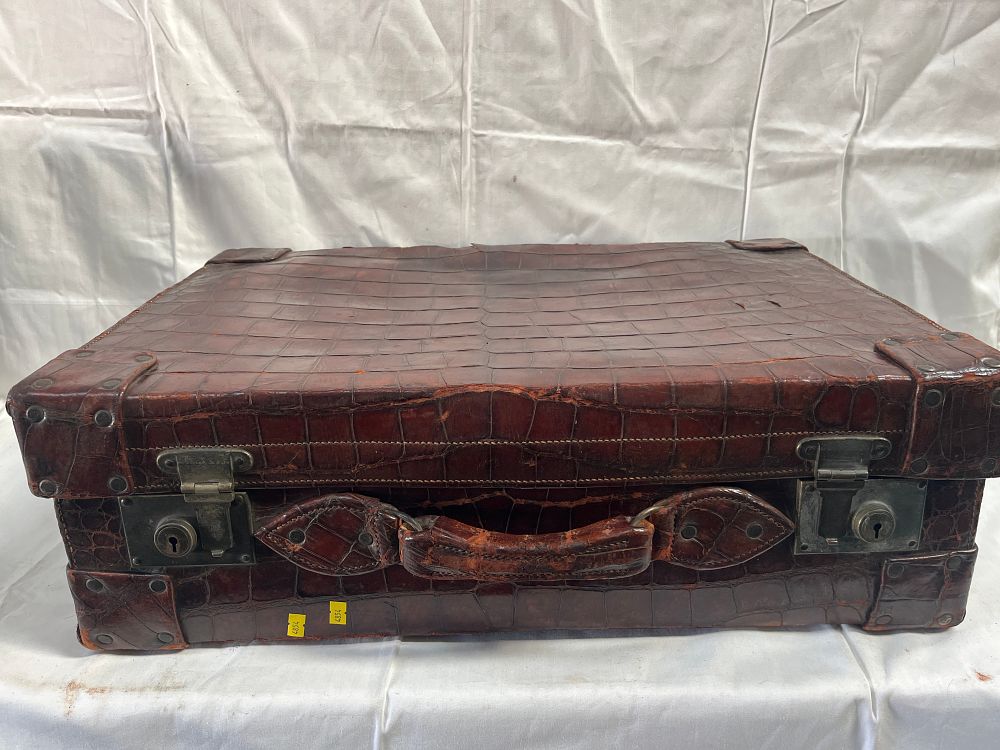 Lot 956: Early 20th Century? Brown Crocodile Skin Hard-Sided Suitcase with Fitted Interior