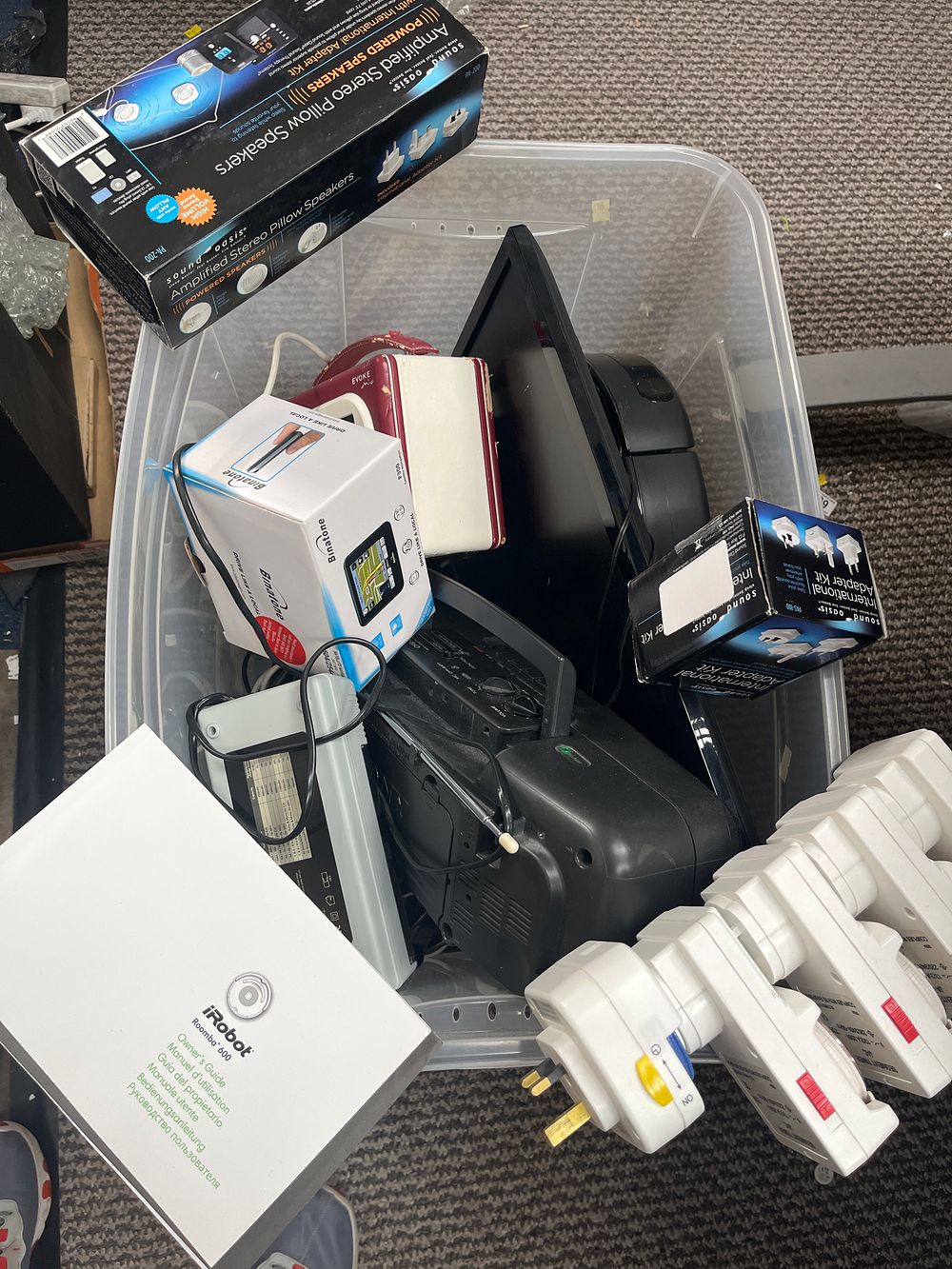 Lot 957: iRobot Roomba 600 Series Vacuum and Mixed Domestic Electronics in a Wilko Bin