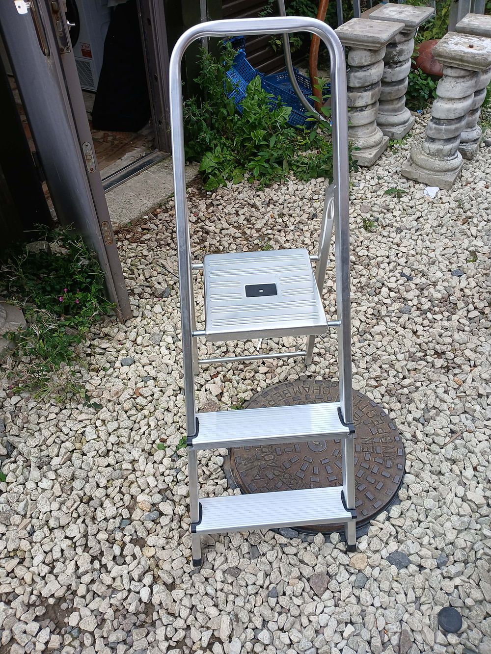 Lot 967: Contemporary Folding Aluminium? Three-Tier Step Ladder with High Safety Handrail