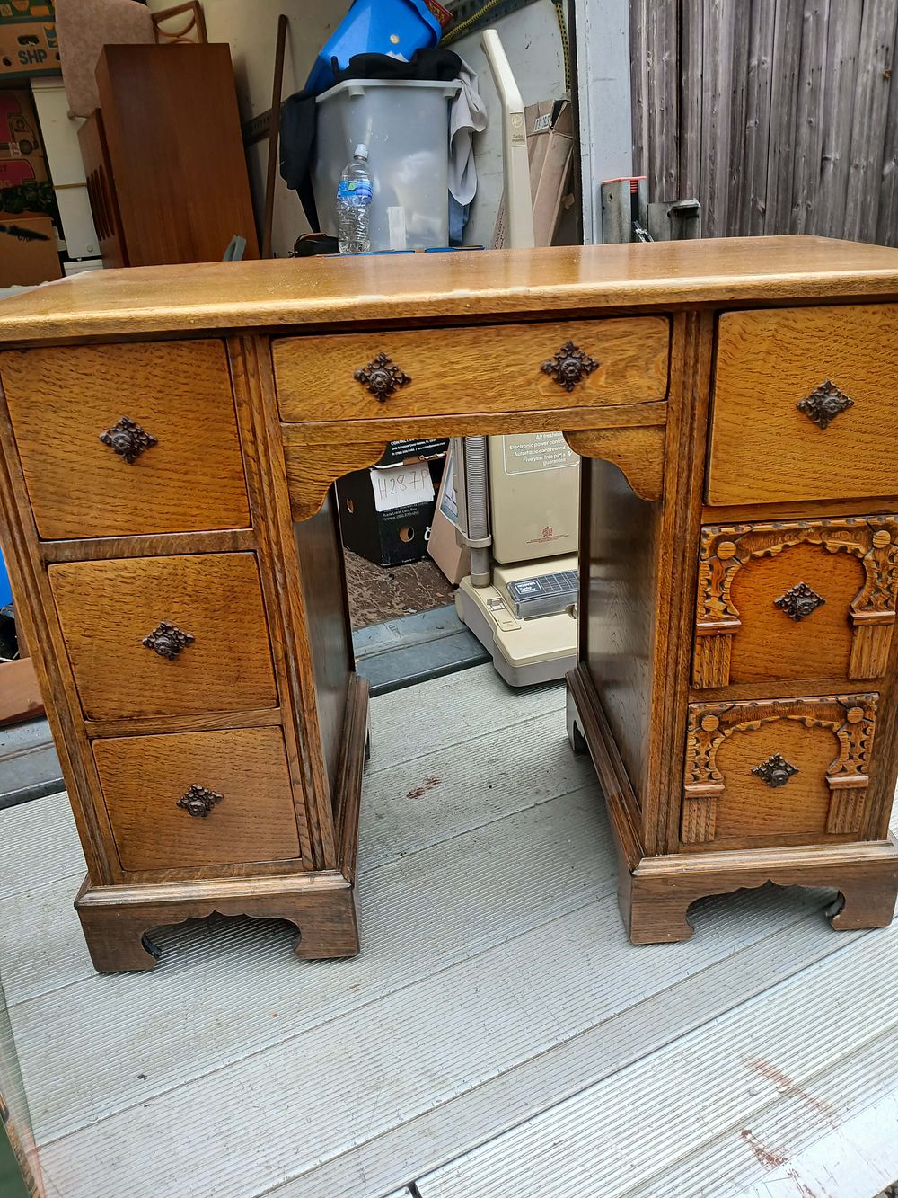 Lot 968: Tudor Revival? Oak Twin Pedestal Kneehole Desk
