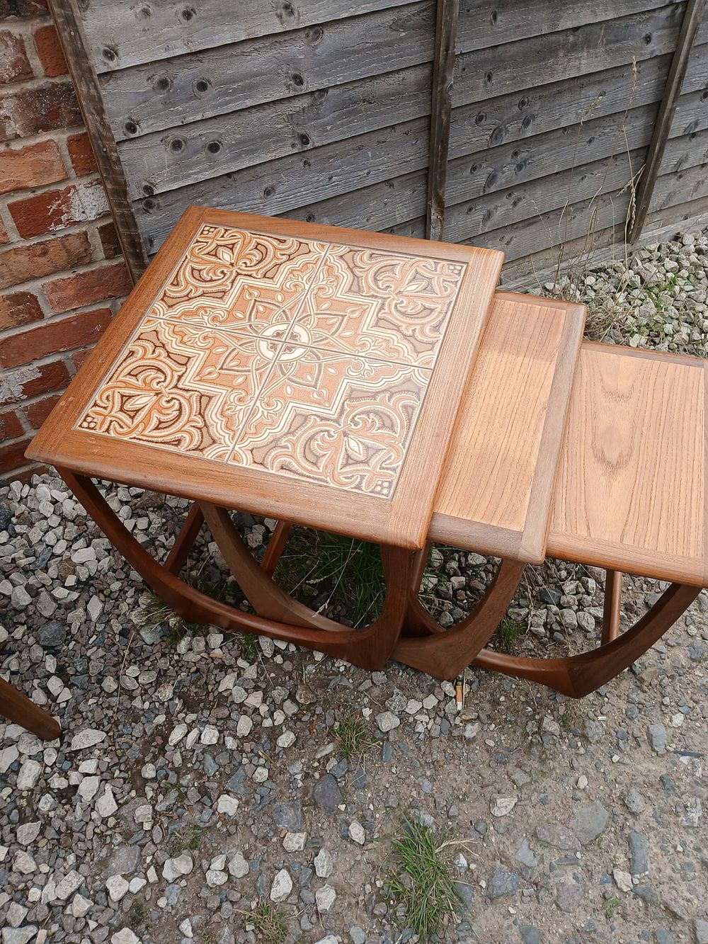 Lot 971: Mid-Century Teak Nest of Three Tables with Ceramic Tile Top