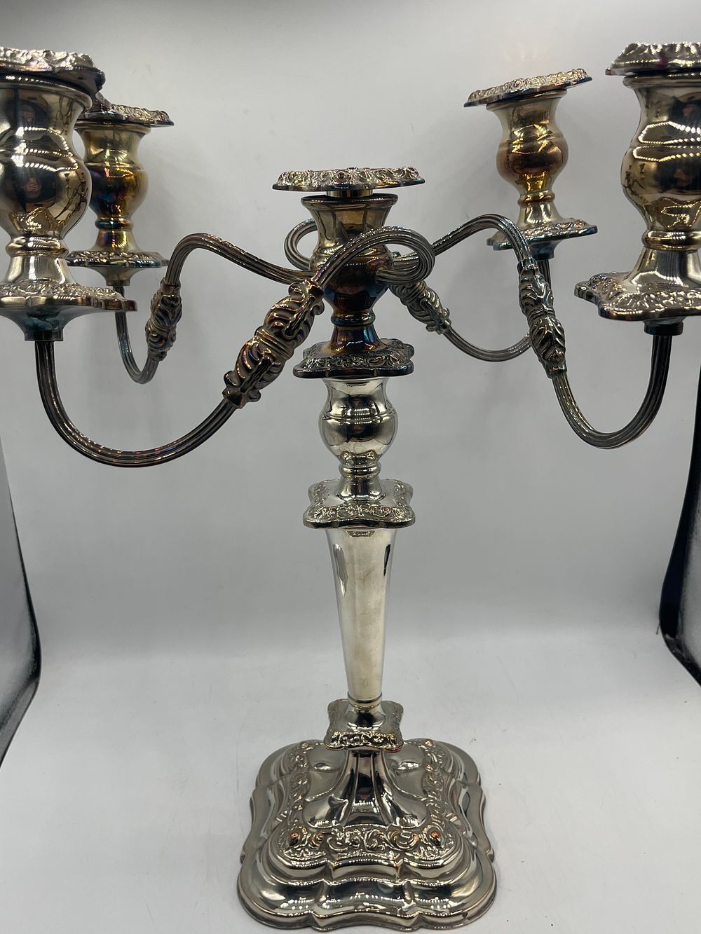 Lot 904: An Ornate Rococo? Style White Metal Five-Light Candelabrum