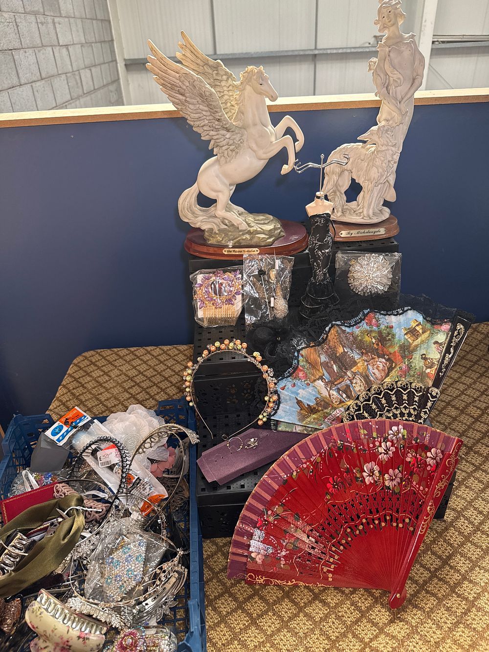 Lot 945: Decorative Resin Figurines, Hand Fans and an Assortment of Costume Jewellery