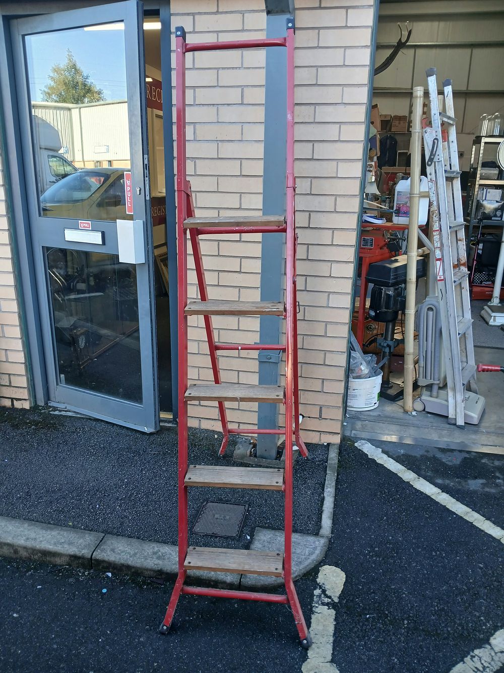 Lot 12: Mid-20th Century Red Painted Steel and Wood Industrial Step Ladder