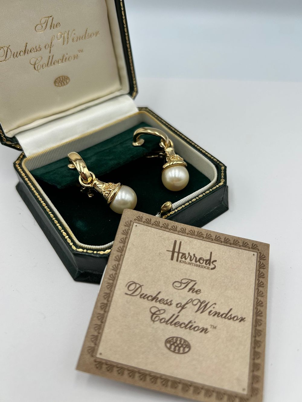 Lot 116: The Duchess of Windsor Collection Gilt Metal Effect and Pearl Drop Earrings , From Harrods