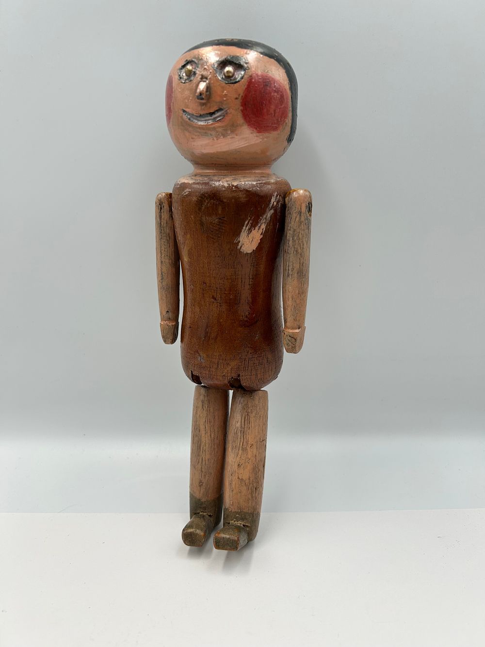 Lot 145: Hand-Painted Wooden Jointed Folk Art? Doll, 9.25"