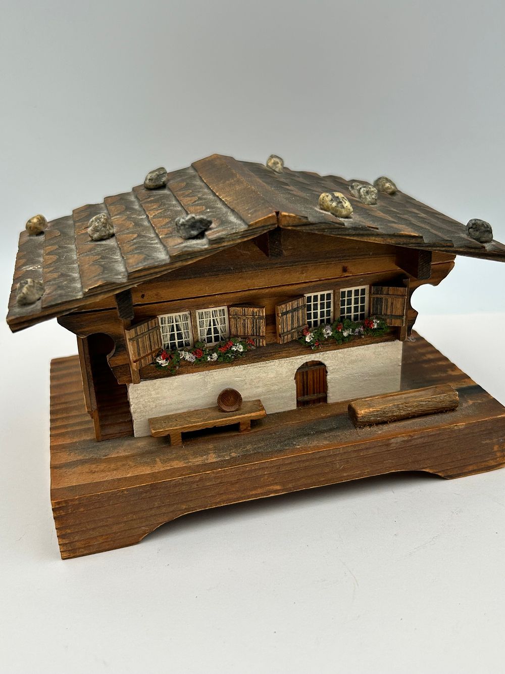 Lot 149: Swiss Stained Wood Chalet Musical Jewellery Box with Reuge Movement