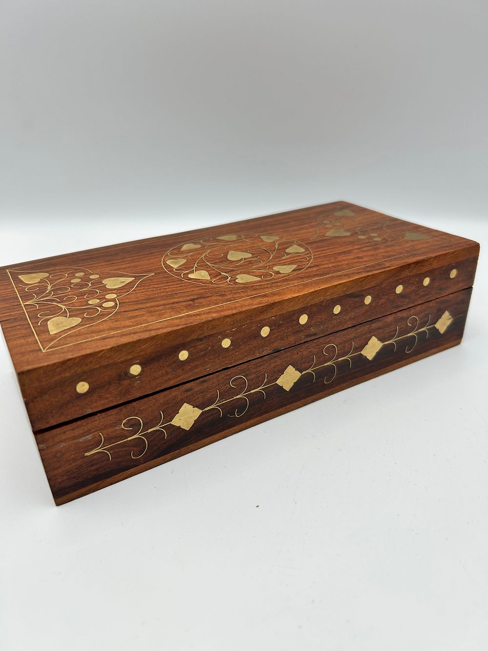 Lot 151: Sheesham Wood? Jewellery Box with Tarkashi Brass Inlay, 8"