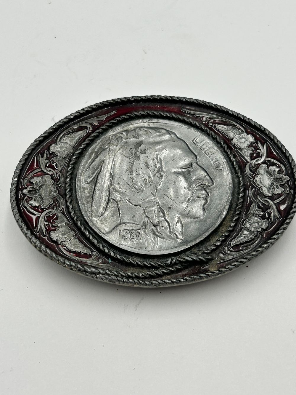 Lot 270: Siskiyou Buckle Co. Inc. White Metal and Enamel Buffalo Nickel Belt Buckle, 1991