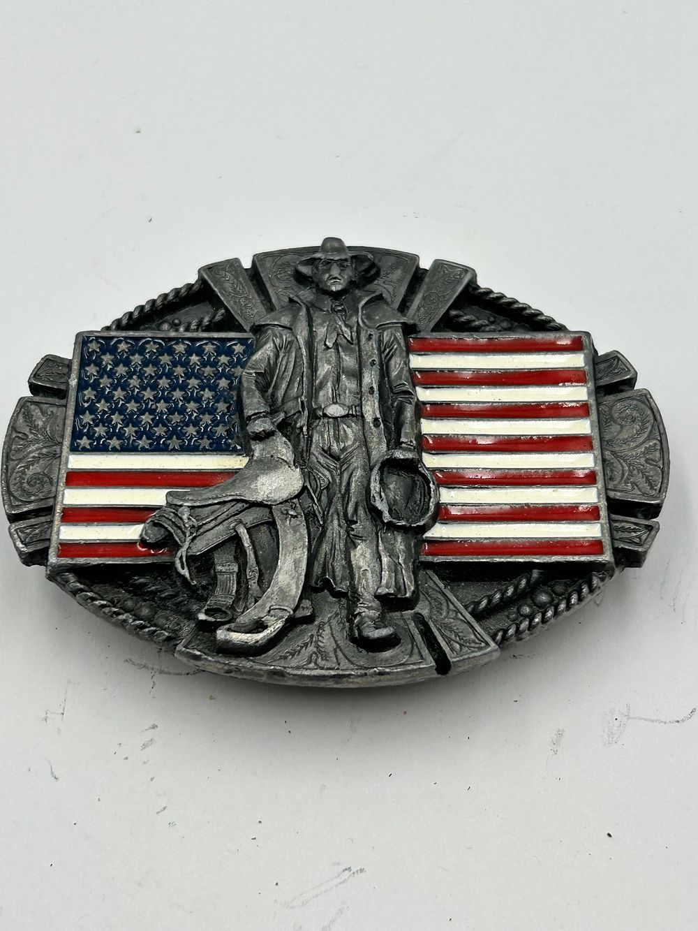 Lot 272: Bergamot White Metal and Enamel American Cowboy Belt Buckle K-256