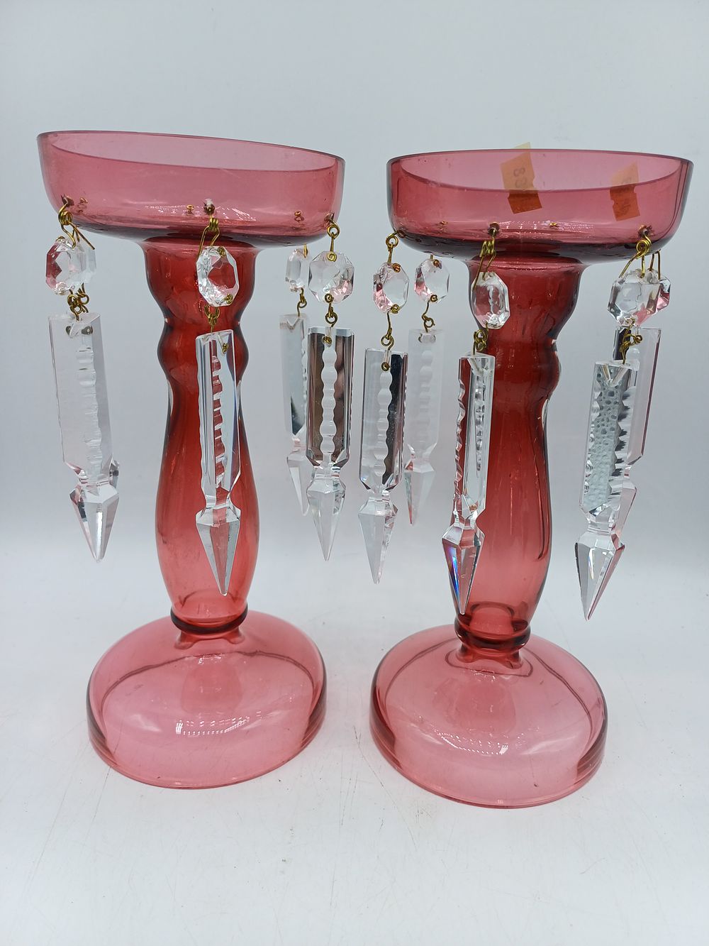 Lot 334: A Pair of Victorian? Cranberry Glass Mantle Lustres, 8.5"