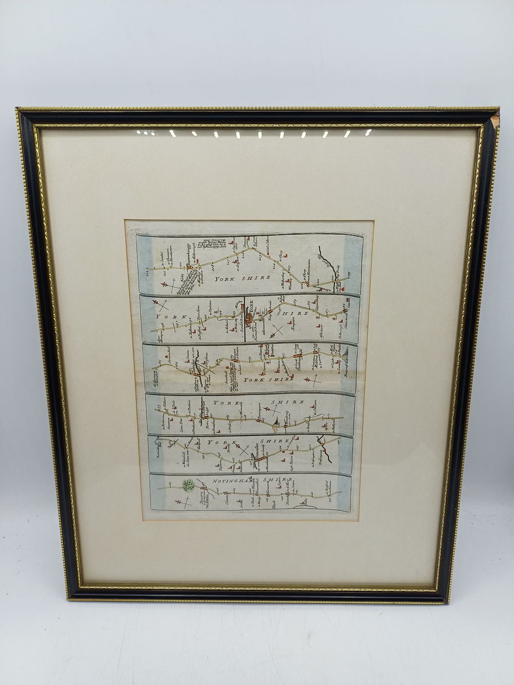 Lot 355: Eighteenth Century? Hand Coloured Engraved Road Map of Nottinghamshire and Yorkshire