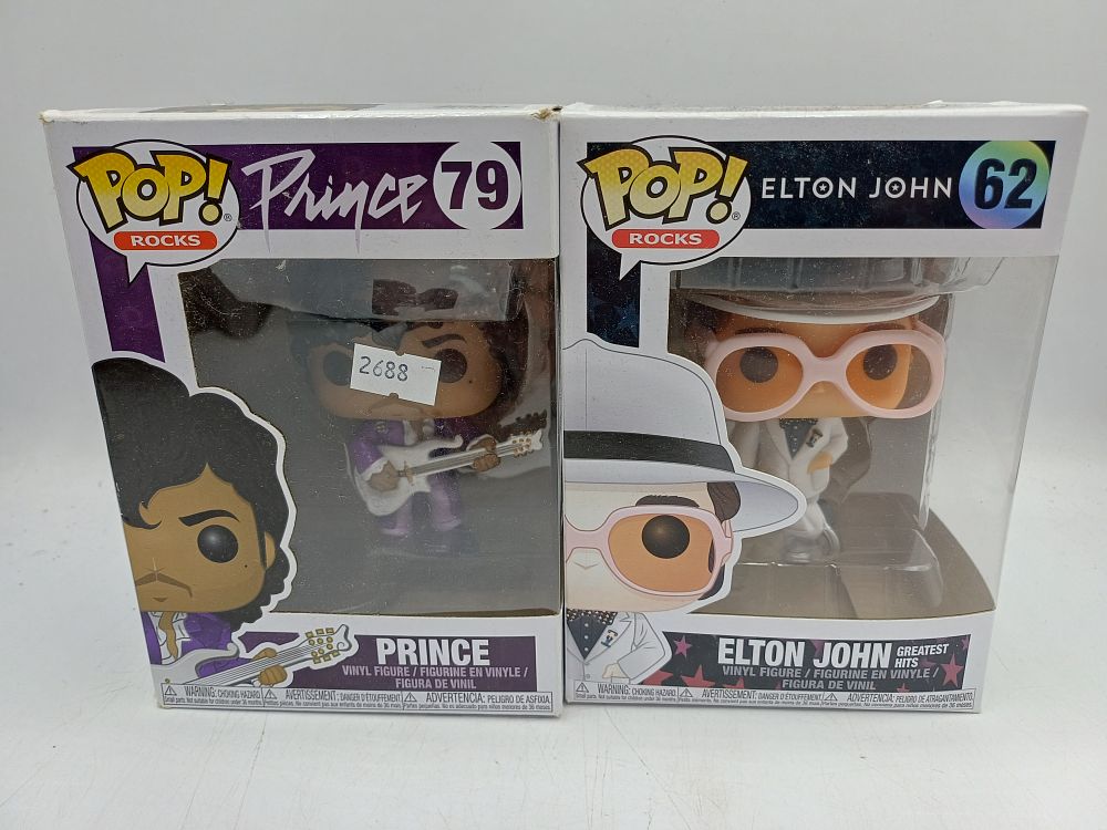 Lot 357: Funko Pop! Rocks Vinyl Figures, Prince 79 and Elton John 62