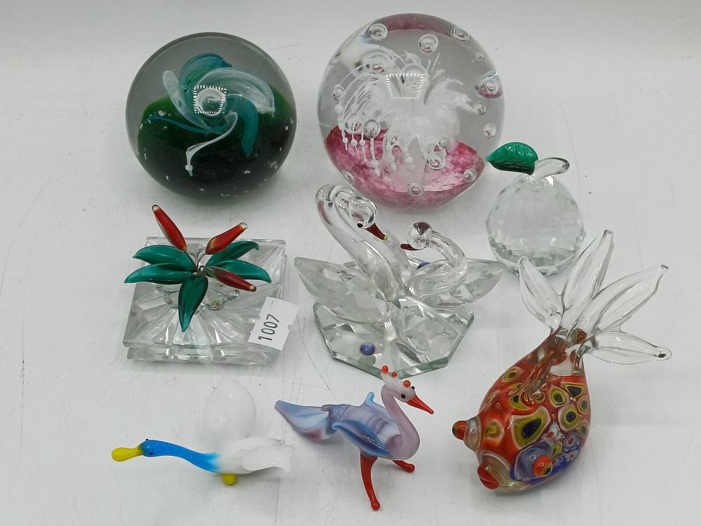 Lot 358: A Collection of Assorted Art Glass Paperweights and Animal Figurines
