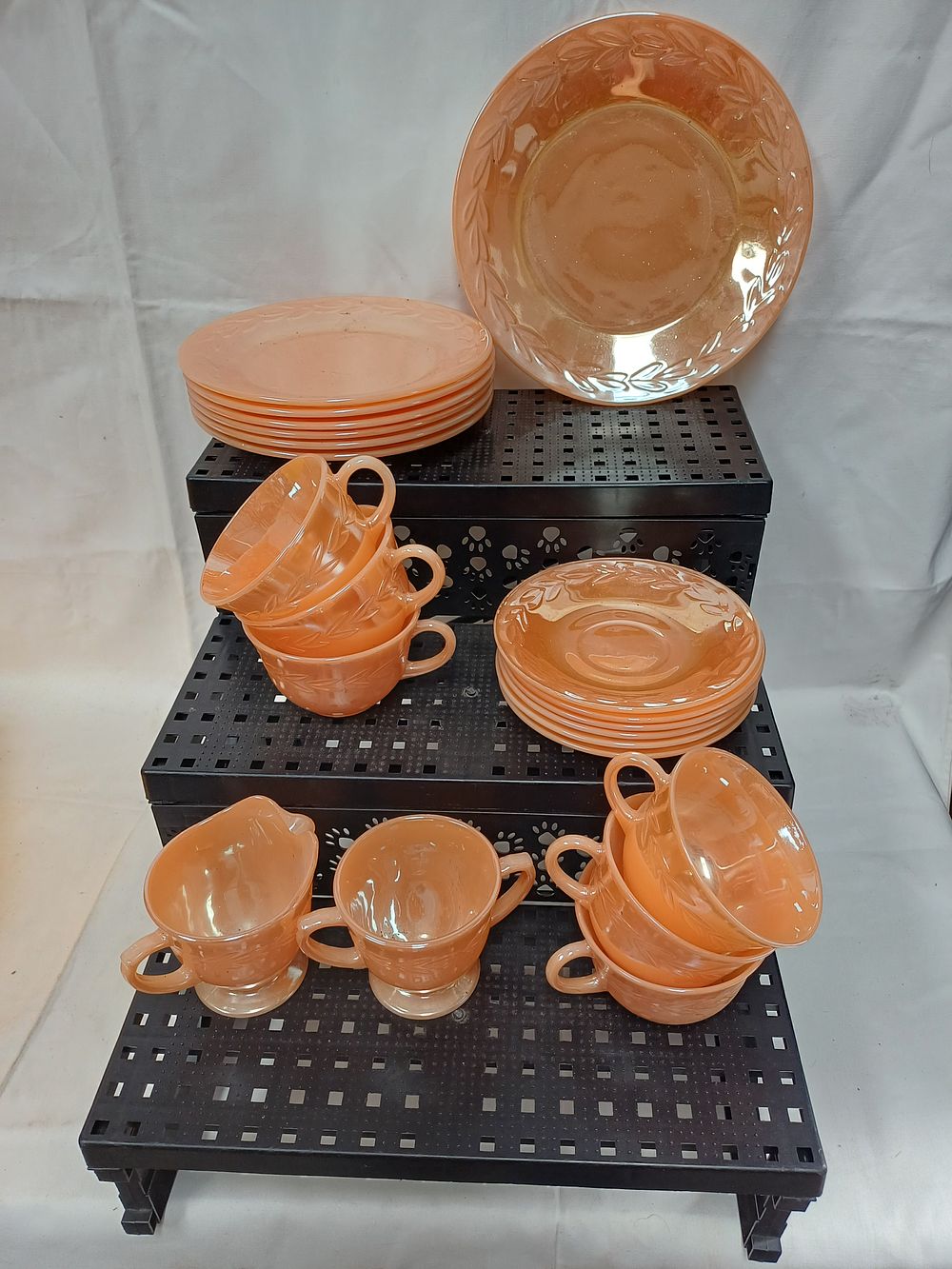 Lot 360: A Collection of Peach Lustre Laurel Leaf Iridescent Pressed Glassware