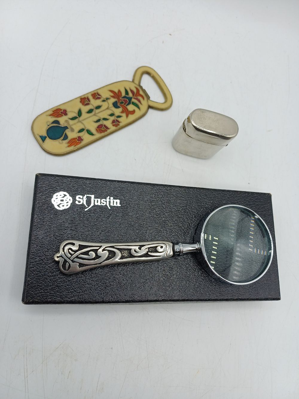 Lot 381: St Justin Pewter Magnifying Glass and a Group of Personal Accessories