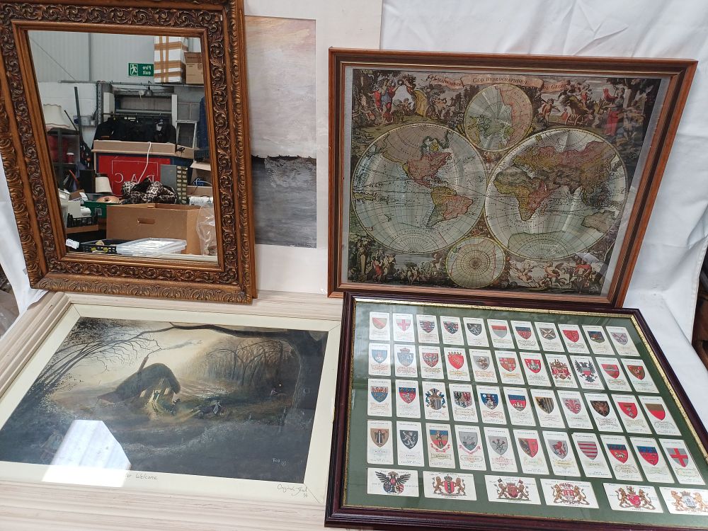 Lot 442: A Collection of Framed Wall Hangings Including Tobacco Cards and Mirror